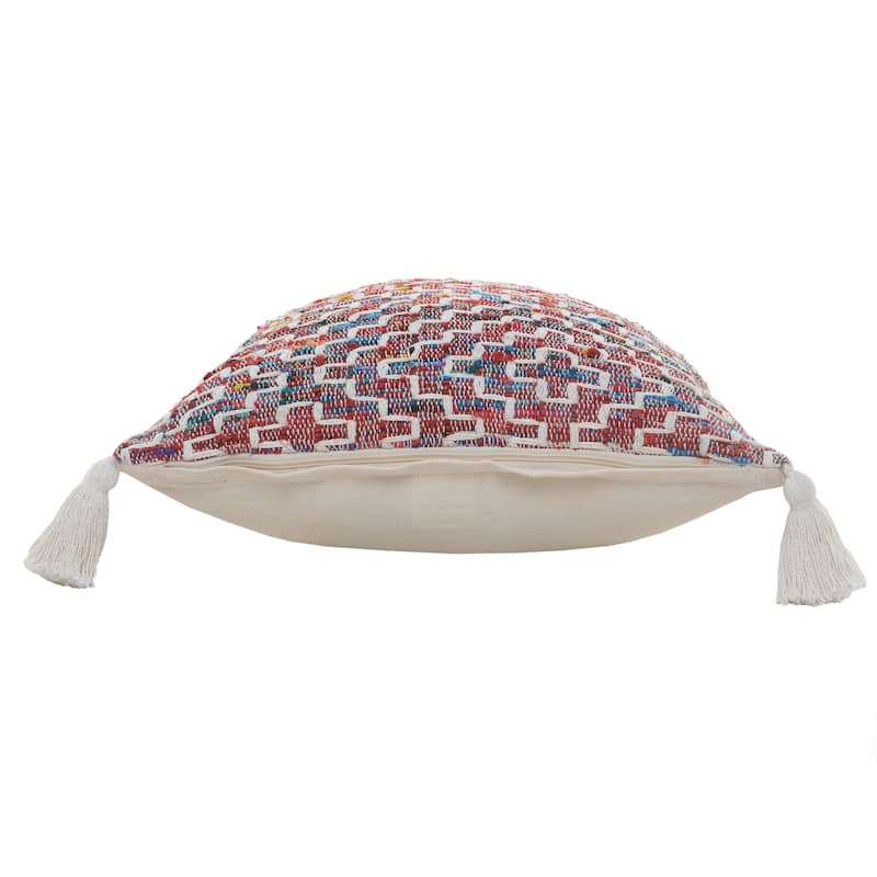 20" Red Blue And Natural Geometric Polyester Blend Throw Pillow Cover with Tassels