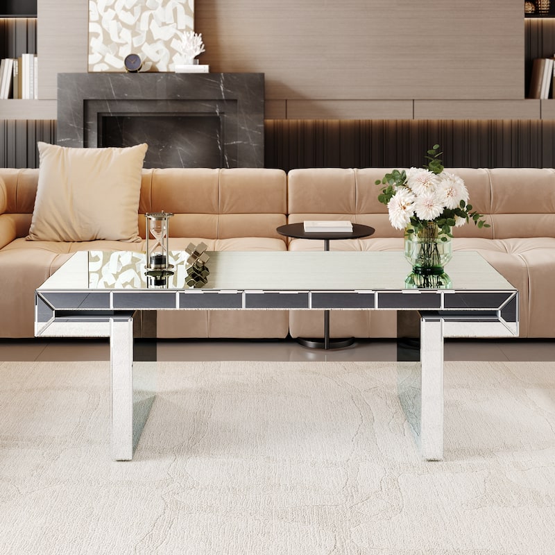 GDF Studio - Art Deco Mirrored Rectangular Coffee Table with Tempered Glass