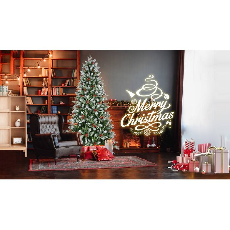 8FT Christmas Tree with 2850 Tips, Red Berries & Pine Cones - Snow-Dusted PE+PVC Branches, Hinged Design,Metal Stand