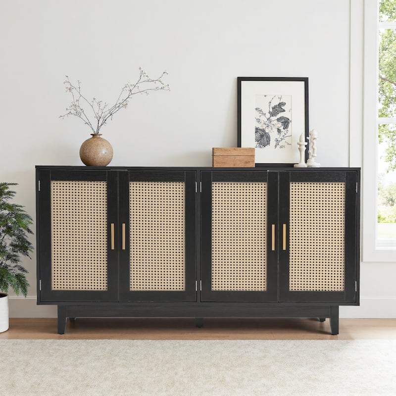 Rattan Accent Cabinet Storage Sideboard Buffet with 4 Doors