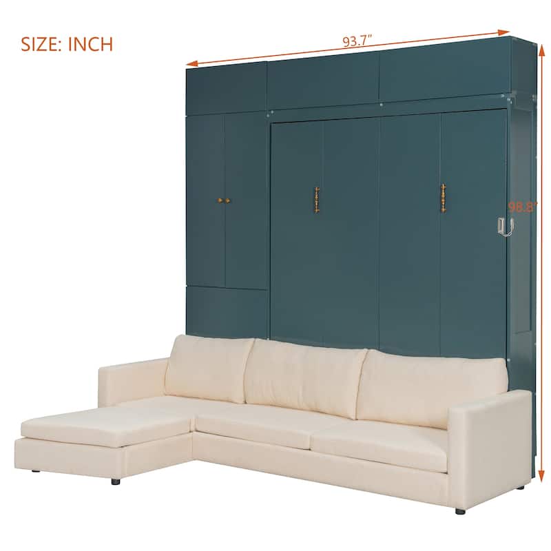 Versatile Queen Size Murphy Bed Wooden Folding Bed Frame integrated with L-shaped Chaise Sectional Sofa and Storage Cabinets