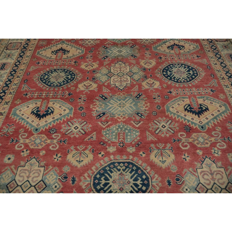 Hand Knotted Oriental 100% Wool Carpet Traditional Geometric Pink Kazak Area Rug - 11' 10'' X 8' 9''
