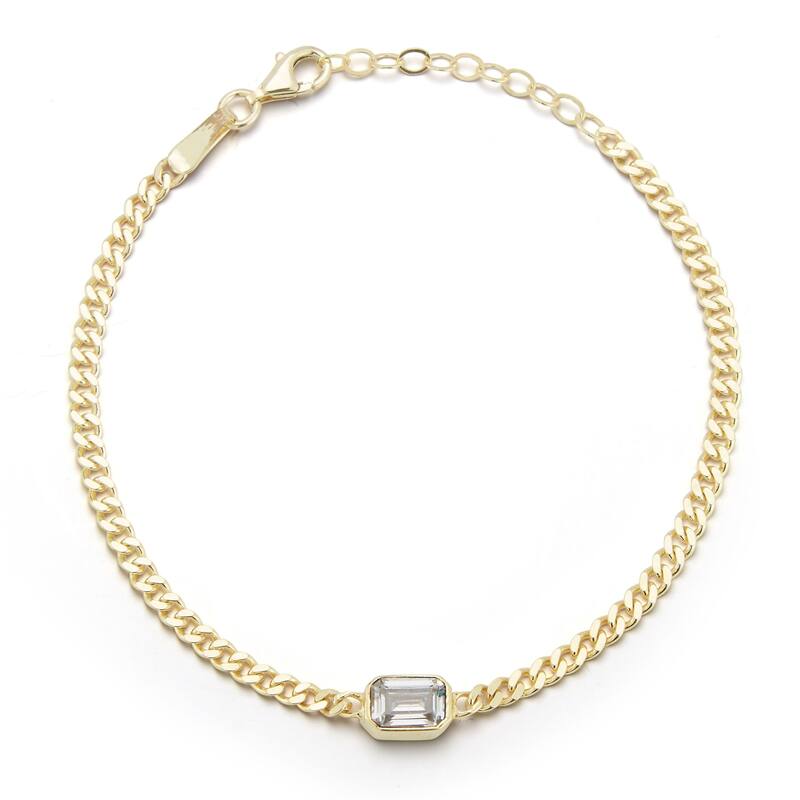 Soleil Sterling Silver Emerald Cut CZ Curb Chain Bracelet - Yellow