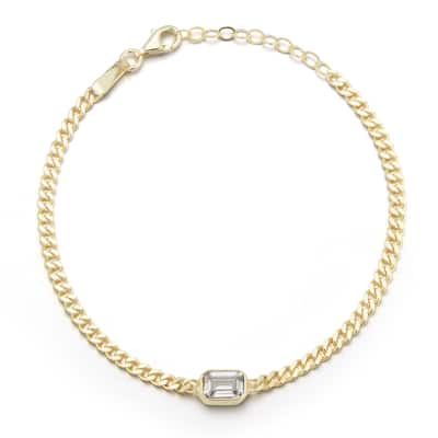 Soleil Sterling Silver Emerald Cut CZ Curb Chain Bracelet
