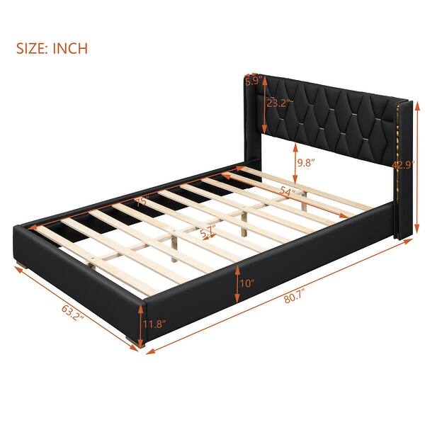 dimension image slide 0 of 2, Full Size Upholstered Platform Bed with PU Leather Headboard and Sturdy Frame