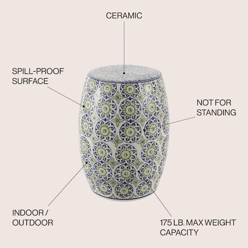 Chiara 17.25" Suzani Ceramic Garden Stool, Blue/Green, by JONATHAN Y