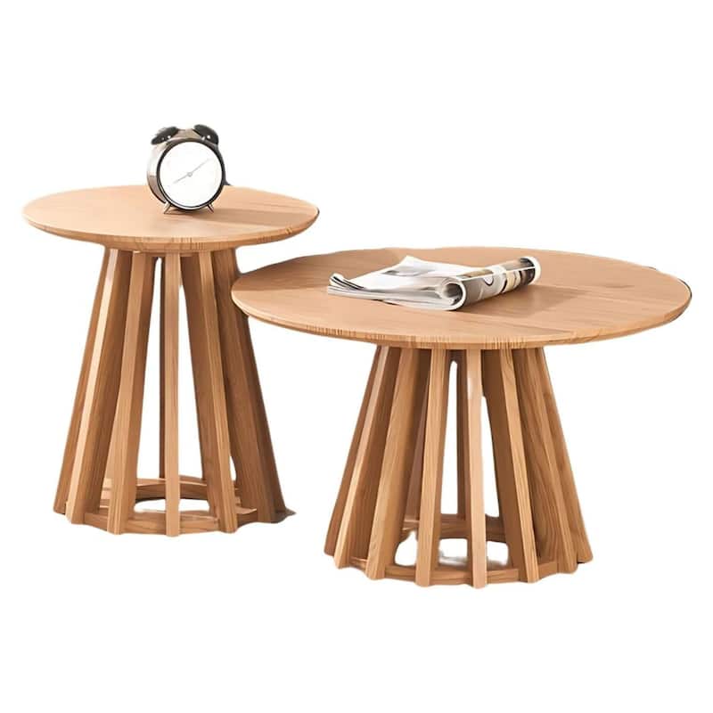 Mid-Century Round Nesting Coffee Table Set of 2 Blonde Wood Finish - 24x14 16x17