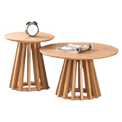 Mid-Century Round Nesting Coffee Table Set of 2 Blonde Wood Finish - 24x14 16x17