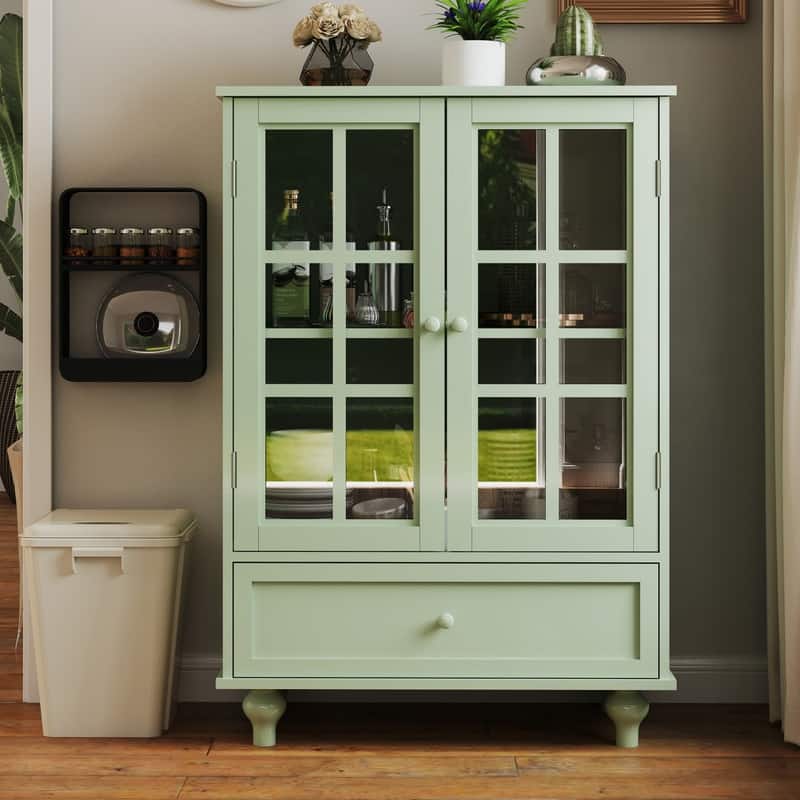 A Minimalist Buffet Cabinet with Double Glass Doors and a Drawer, Offering Modern Wooden Storage Solutions .