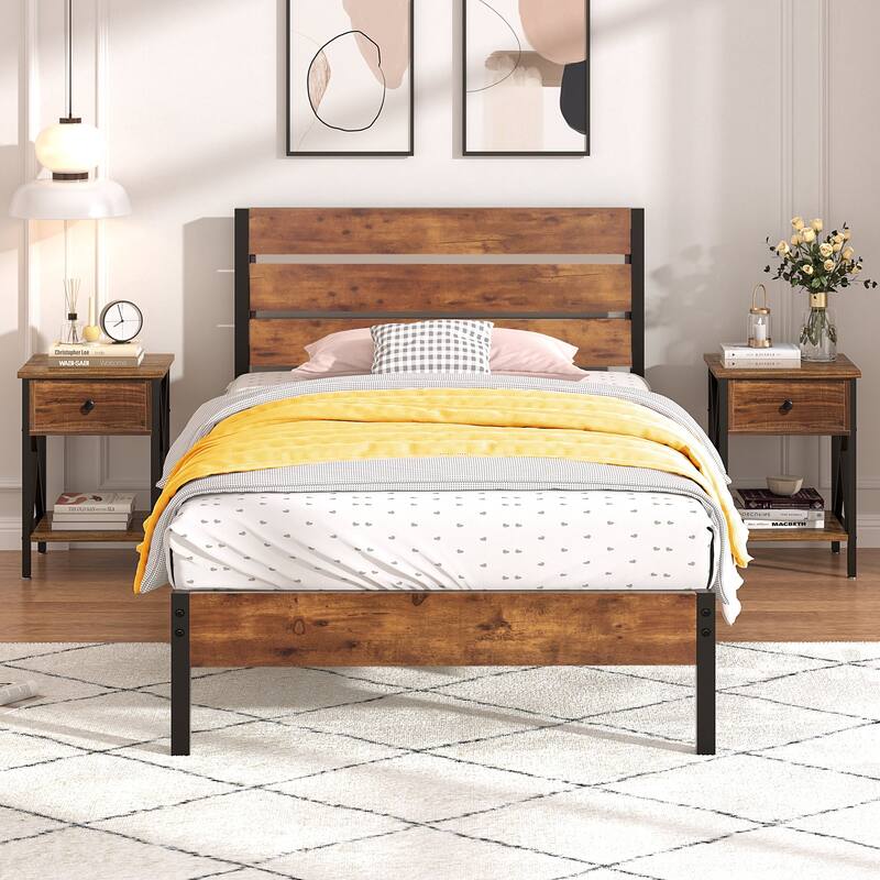 3-Pieces Bed Frame with Wood Headboard and Modern Nightstands Set of 2 - Brown Set - Twin