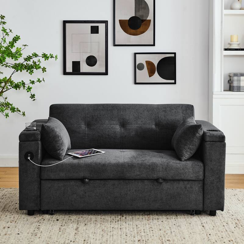 Chenille Pull-Out Sleeper Loveseat Bed Adjustable Backrest Tufted Futon Sofa with 2 Pillow and USB Ports, Pockets