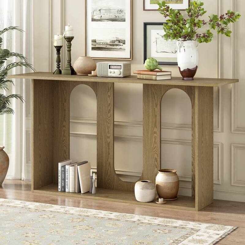 Modern and Curved Design Ash Veneer Console Table with Shelf,Suitable for Entryway,Hallway Living Room,Foyer