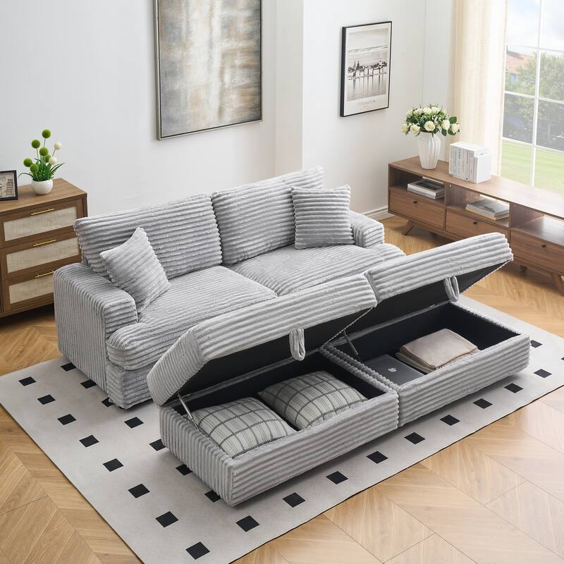 Corduroy Sleeper Sectional Sofa Loveseat Couch with 2 Storage Ottomans - Grey