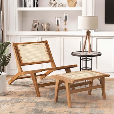Mid Century Accent Chair & Ottoman Set w/ Handwoven Rattan