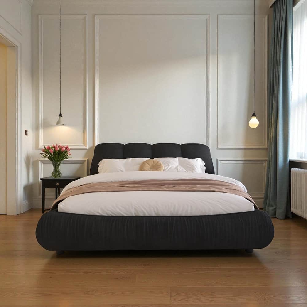 Queen/King Size Luxury Upholstered Platform Bed with Oversized Padded Headboard, Solid Wood Frame & Adjustable Mattress Height