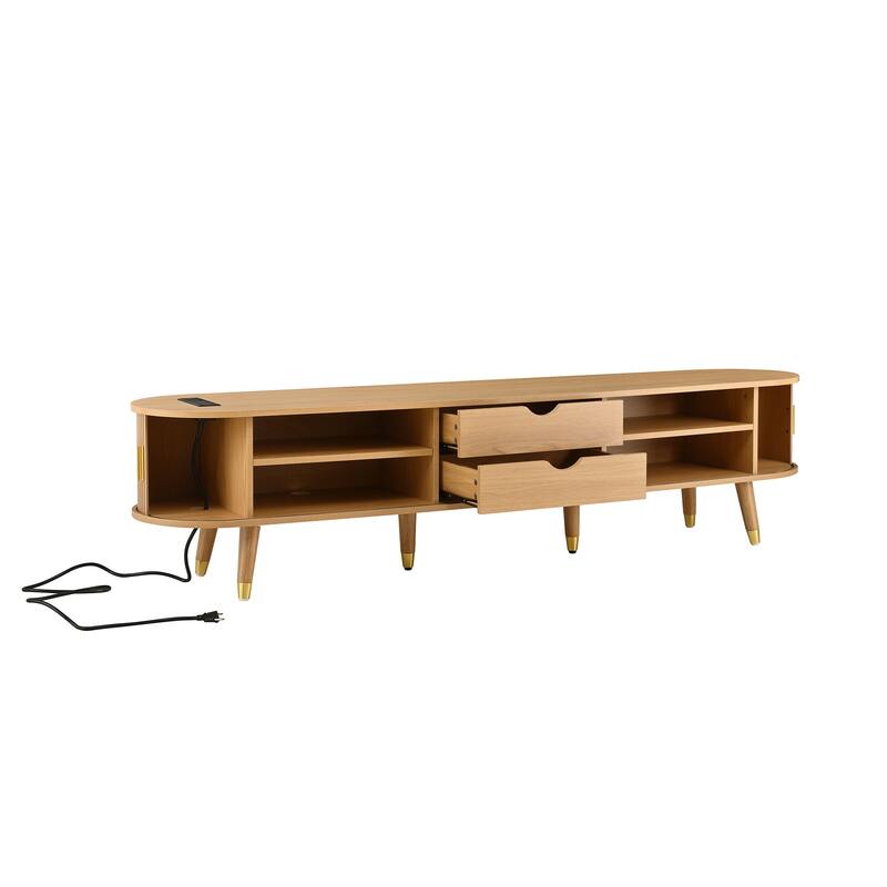 Wooden Oval TV Stand with Charging Station for TV up to 80", Fluted Sliding Tambour Door TV Cabinet Media Console, Natural