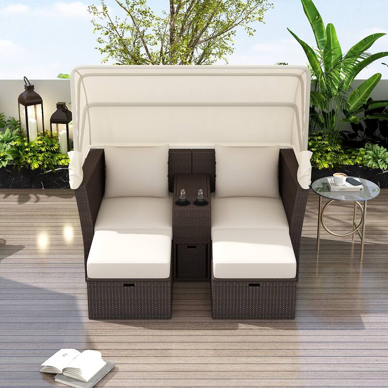 Convertible Outdoor Patio Daybed Loveseat Set with Retractable Sunshade, Cup Holders, Storage Boxes, Water-Repellent Cushions