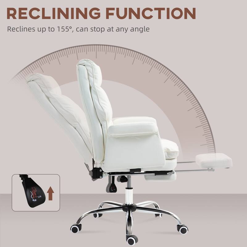 Executive Office Chair PU Leather Ergonomic Office Desk Chair with Footrest, Reclining and Swivel, for Home Office, White