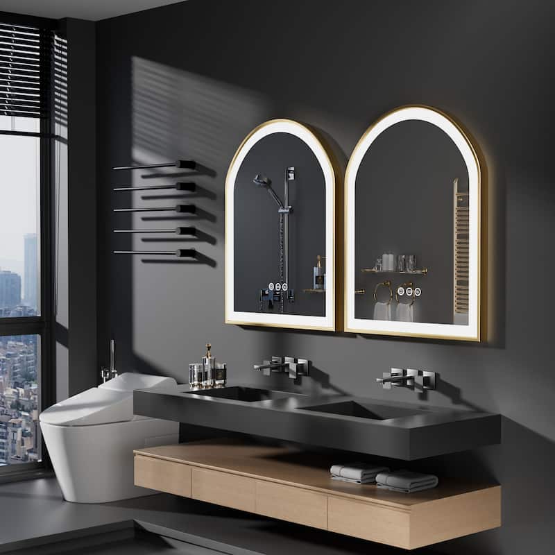Gold Bathroom Arch LED Vanity Mirror Anti Fog Dimmable Memory 3 Colors - 36"x24"x1.6"