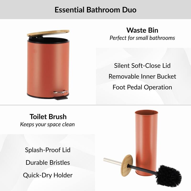 Bathroom Set with Bamboo Lid - Matte Metal Trash Can and Toilet Brush - 15.6" H x 11" L x 11" W