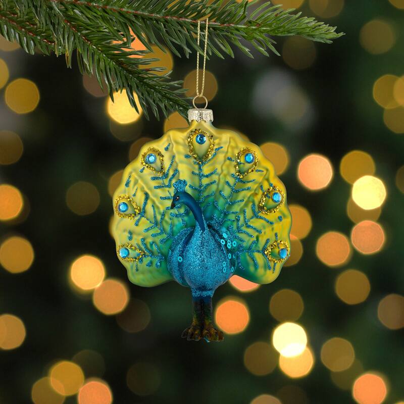 Standing Glittered Peacock Glass Christmas Ornament - 4.75" - Yellow and Blue