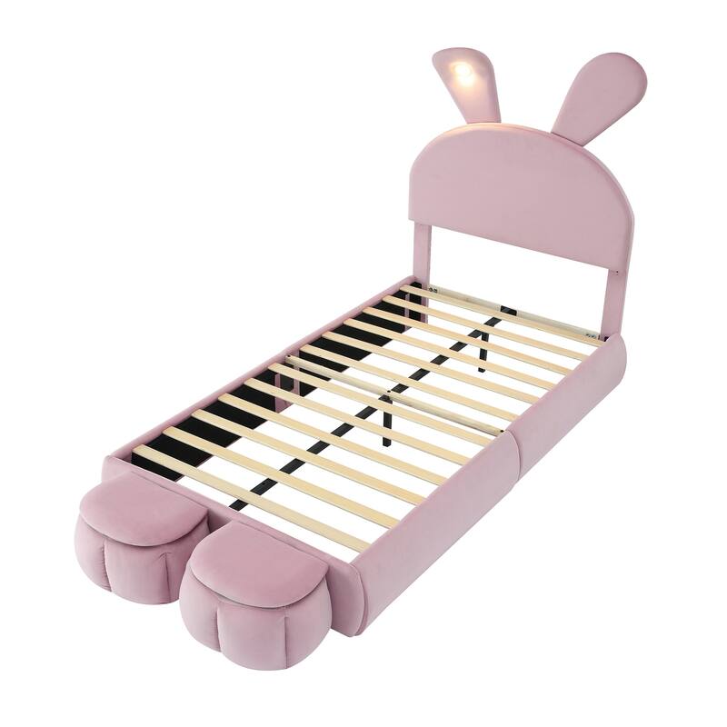 Twin Size Upholstered Platform Bed with Cartoon Ears Headboard and LED Light, Pink