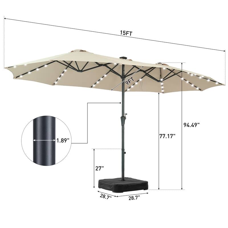 15ft Patio Umbrella Outdoor Market Umbrella with Base and LED Lights