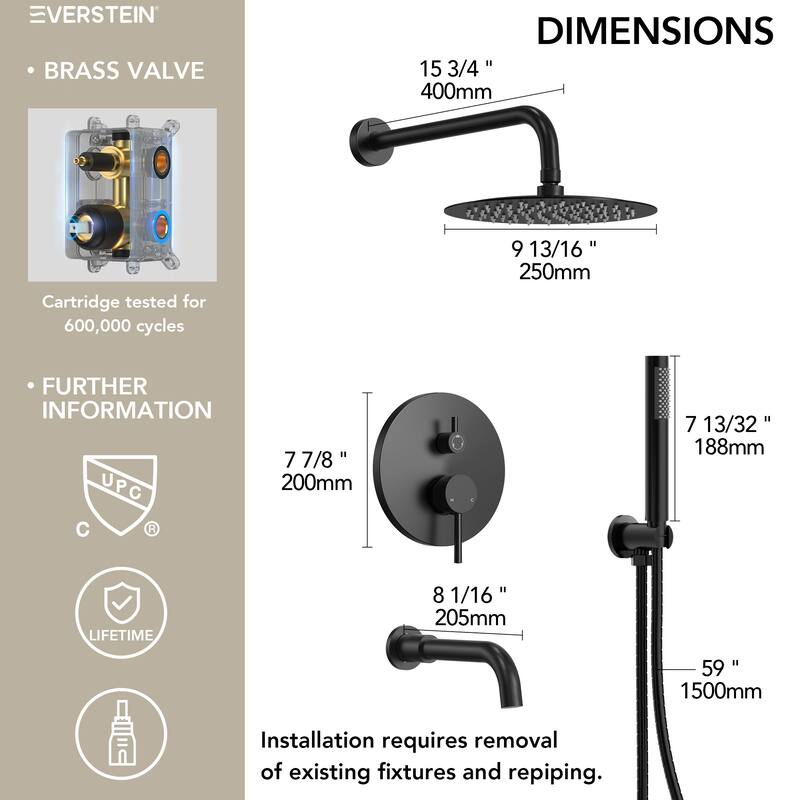 Pressure Balance 3-Functions Shower Head System, 10" Shower Faucet Set with Tub Faucet Spout