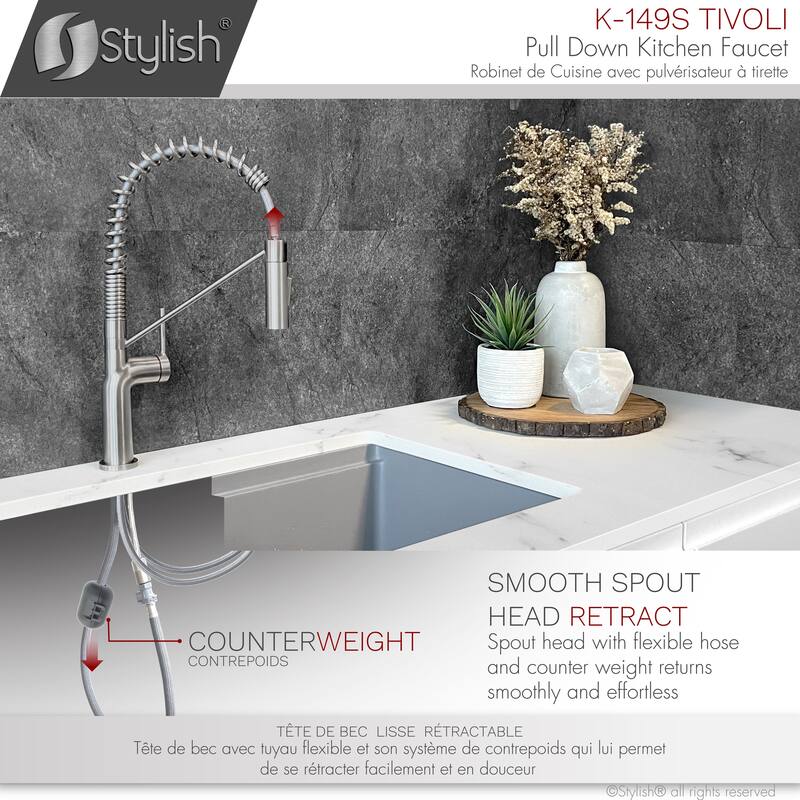 STYLISH Stainless Steel Single Handle Pull Down Sprayer Kitchen Faucet - Faucet Height: 16 3/4" | Spout Height: 7 1/2"
