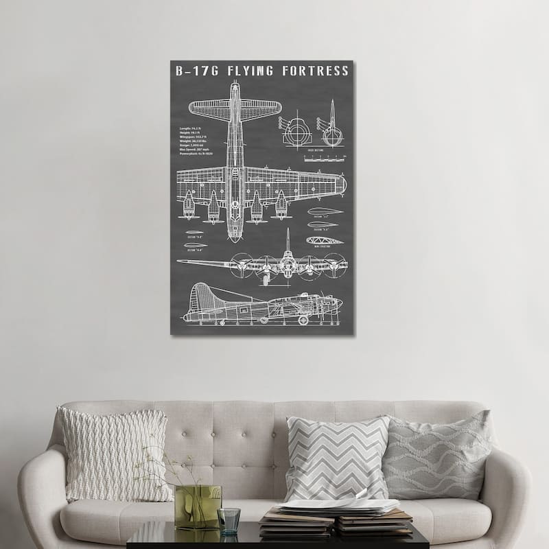 iCanvas "B-17 Vintage Bomber Airplane In Black" by Action Blueprints Canvas Print - 48x32x1.5