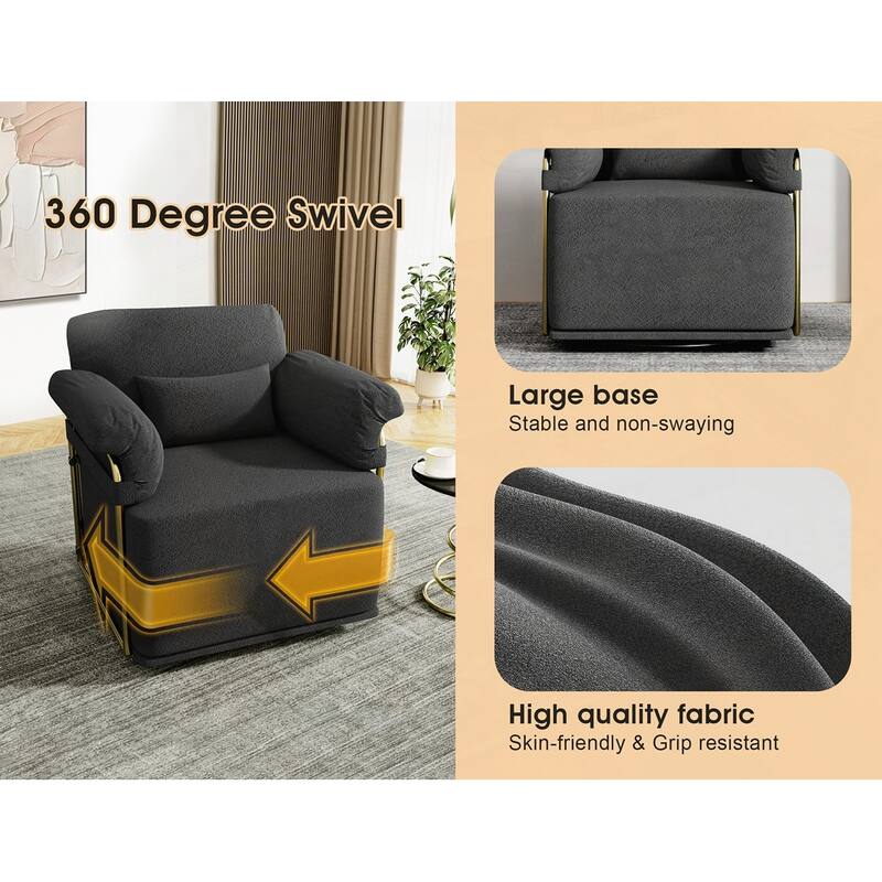 360 Degree Barrel Swivel Fluffy Fabric Lounge Wide Upholstered Reading Chair with Gold Metal Legs