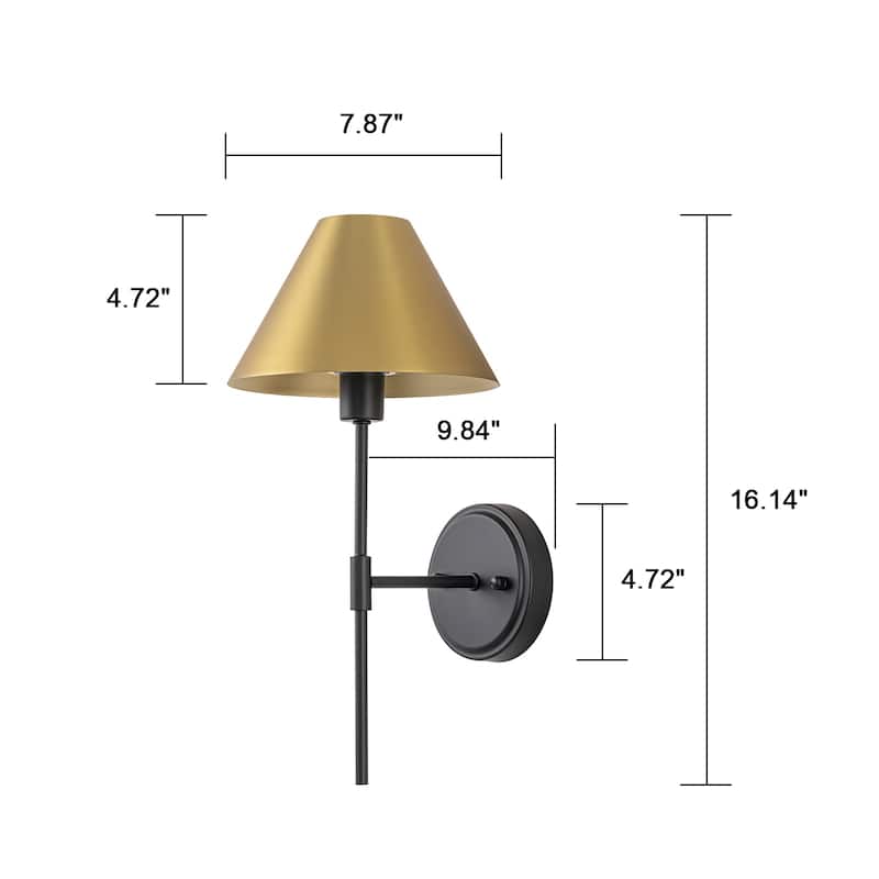 Modern 1-Light Wall Sconce with Cone Metal Shade for Bedroom, Hallway, Living Room - Black Gold - 7.9" W x 9.8" D x 16.1" H