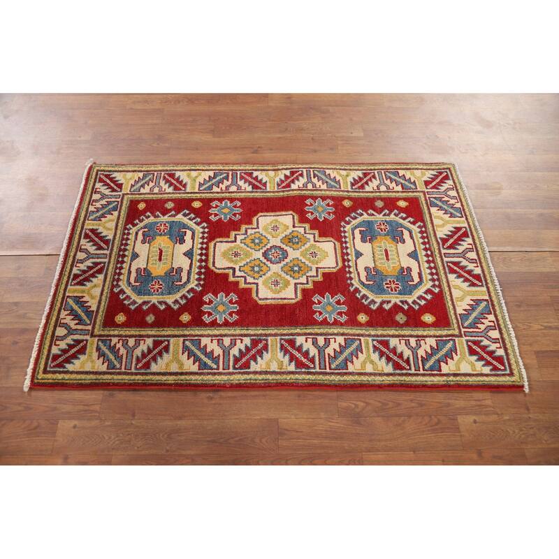 Geometric Kazak Foyer Rug Handmade Red Wool Carpet - 2'7" x 4'3"