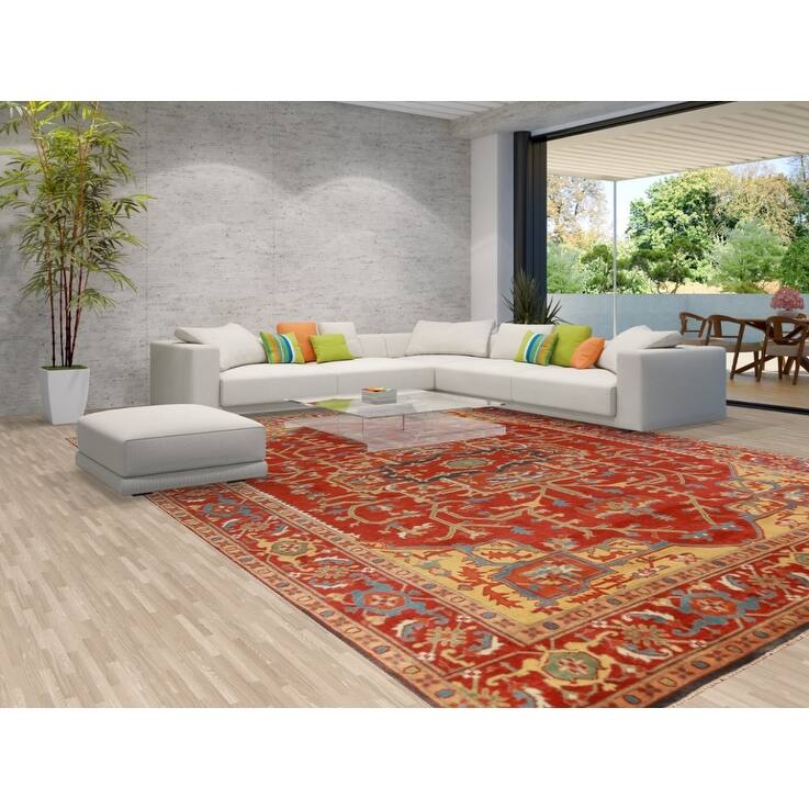 Hand Knotted Oriental 100% Wool Carpet Traditional Medallion Red Heriz (serapi) Area Rug - 14' 10'' X 11' 7''