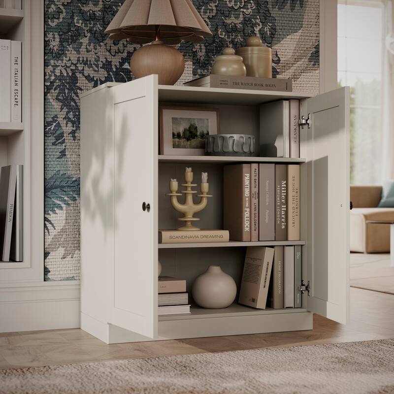 Palace Imports 100% Solid Wood 3-Shelf Bookcase with Shaker Doors and Adjustable Shelves - Off White