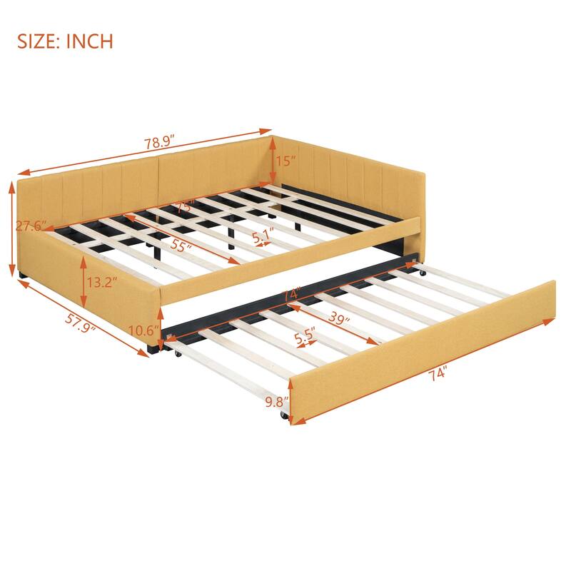 Full Size Upholstered Daybed with Trundle Sofa Bed Frame No Box Spring Needed, Linen Fabric(Beige)