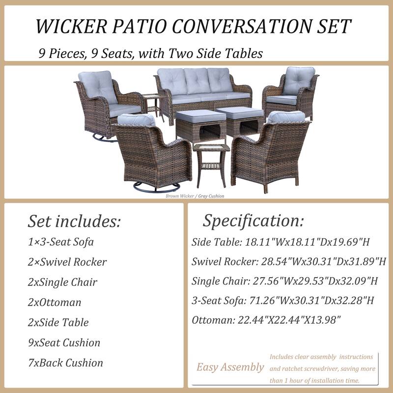 9 Piece Outdoor Wicker Patio Conversation Furniture Swivel Chairs Sets