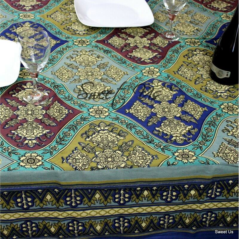 Heavy Cotton Floral Diamonds Tablecloth Rectangle Blue Gold
