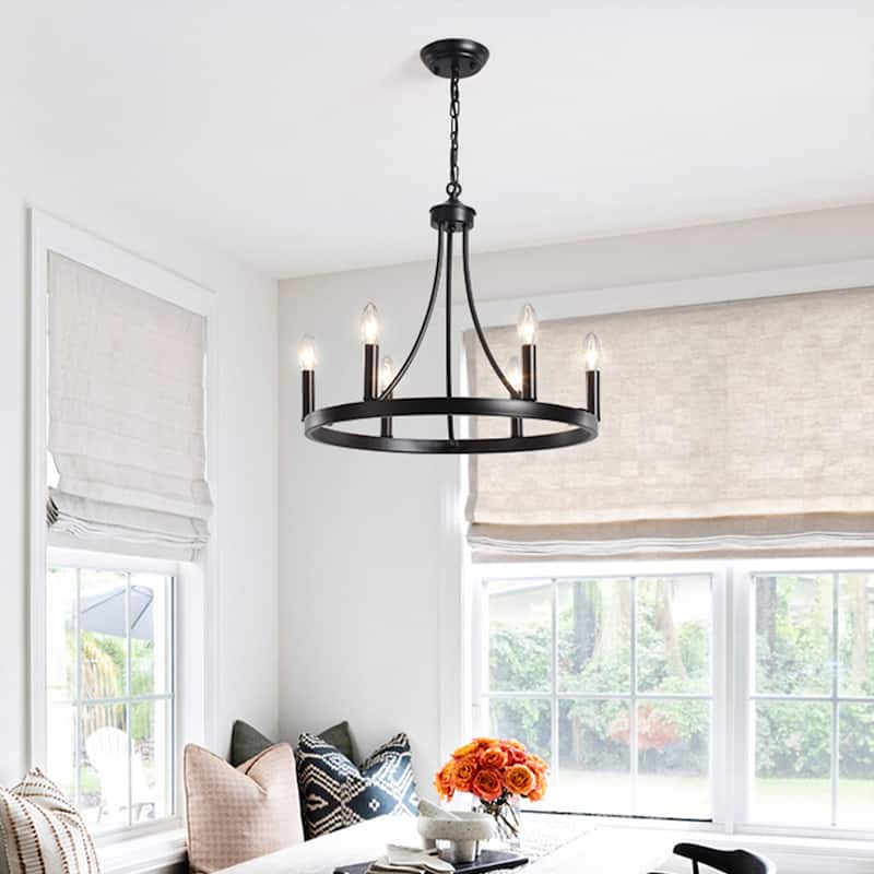 6-Light Farmhouse Chandelier, Modern Wagon Wheel Chandelier for Dining Room Living Room Bedroom Kitchen