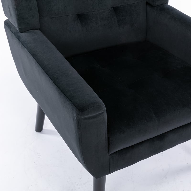 Black Velvet Modern 29.53" Upholstered Buttons Tufted Accent Chair with Black Solid Wood Legs