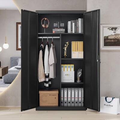 Metal Armoire Wardrobe Closet Cabinet for Hanging Clothes with Lock Doors, 70.8"H Lockable Wardrobe Locker Clothes Organizer