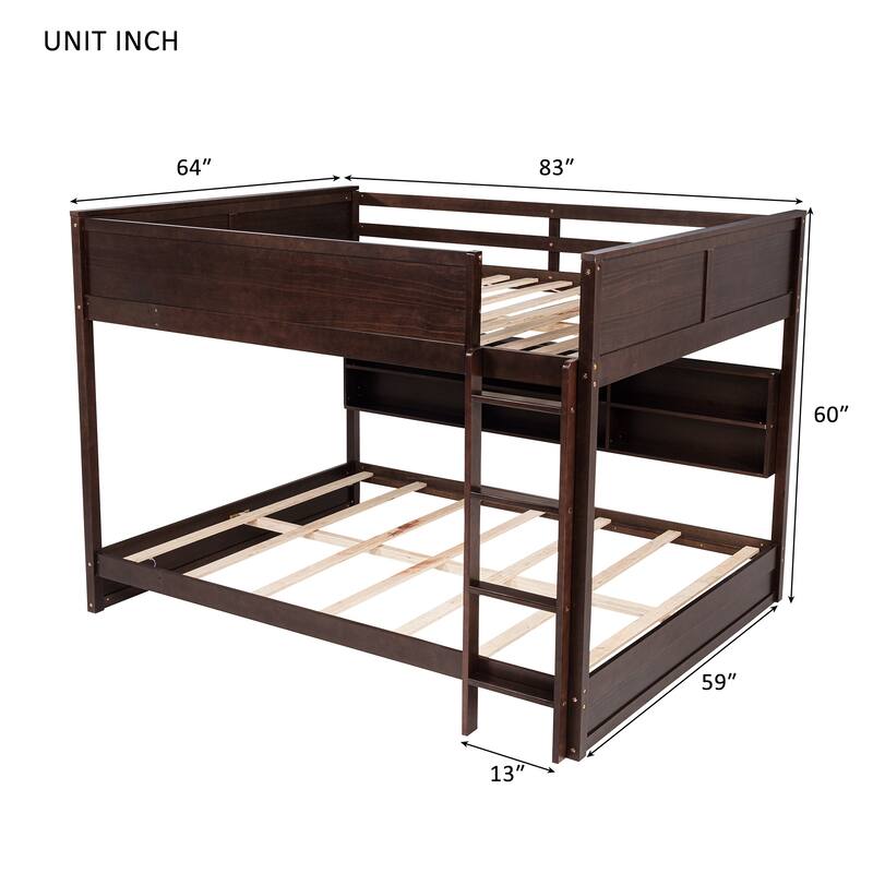 Queen Size Wood Bunk Bed with Built In Bookcase and Charging Station, Queen over Queen Low Bunk Bed Frame, No Box Spring Needed