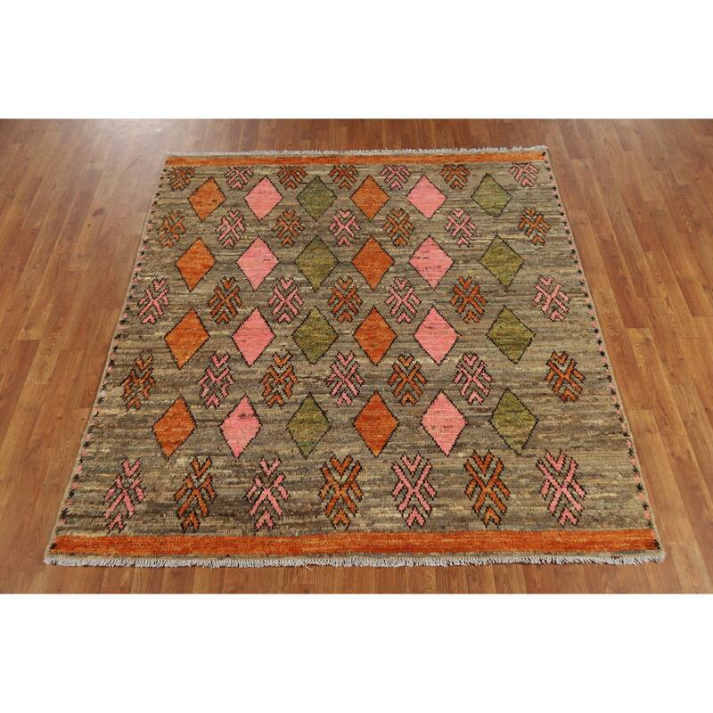 Geometric Moroccan Square Area Rug Hand-Knotted Wool Carpet - 5'9" x 6'4"