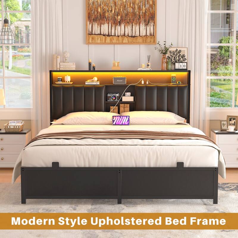 Upholstered Bed Frame with Storage Shelving, Platform Beds with Charge Station and LED Lights