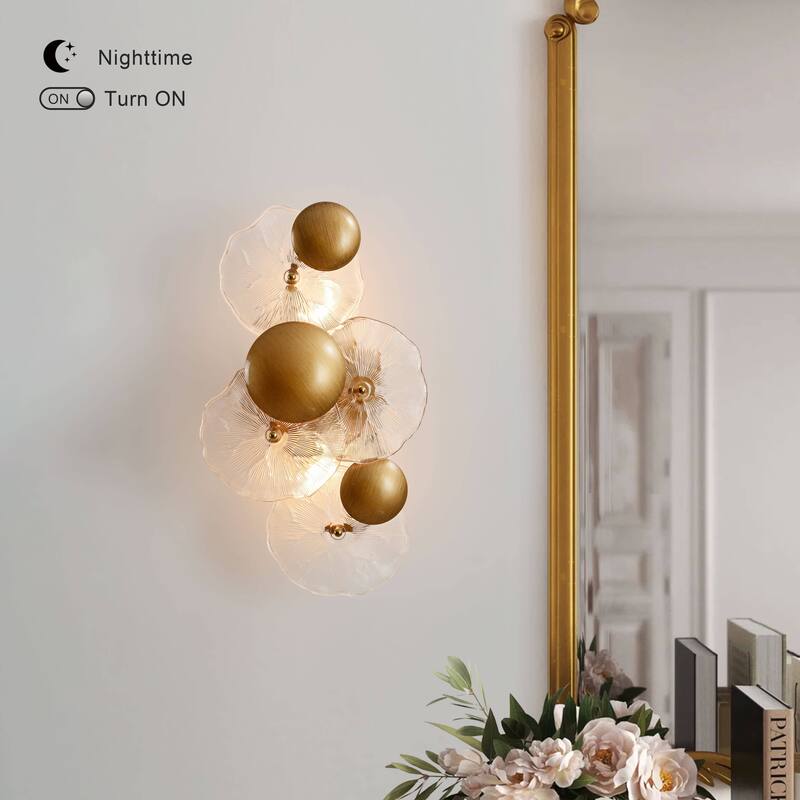 Frieda 2-Light Brushed Brass Glass Flower Wall Sconce - 9" W x 16" H x 5.5" D