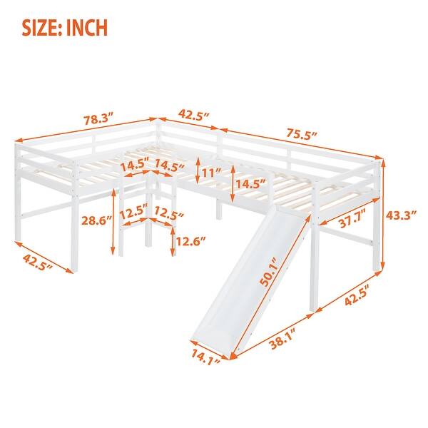 Twin Size Wood LShaped Low Loft Bed with Builtin Ladders, Slide and
