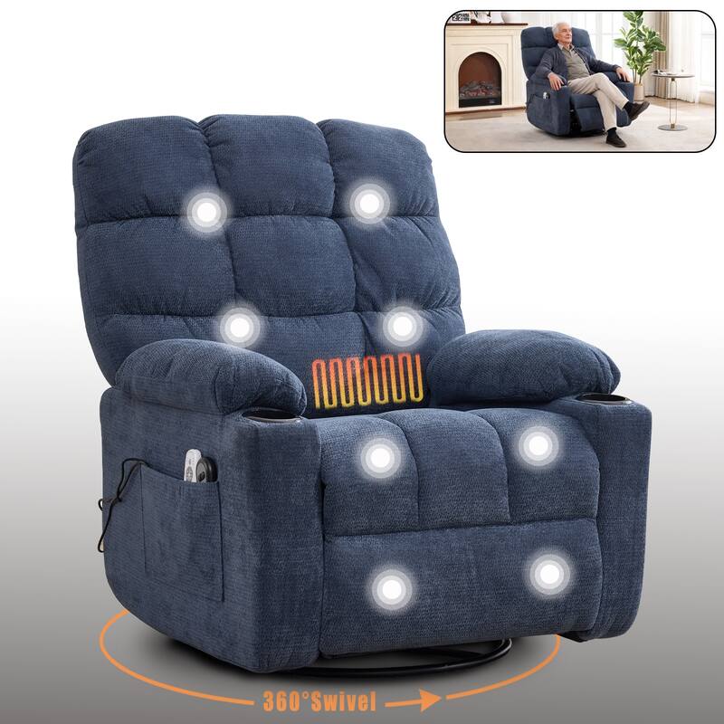 Swivel Recliner Chair with Heat & Massage, Oversized Fabric Manual Recliner Chair, Single Sofa with Cup Holders & Side Pocket