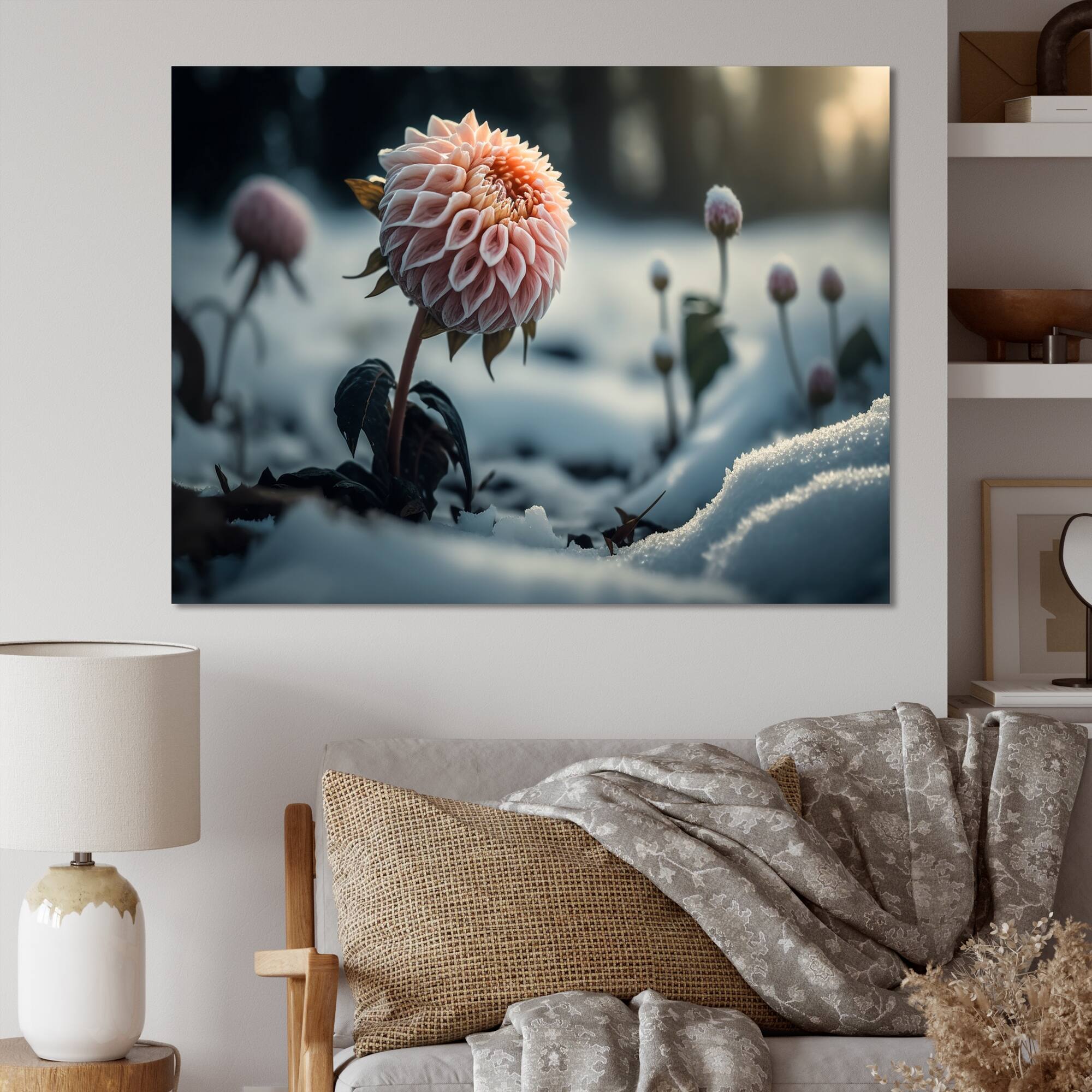 Designart 'A Blooming Pink Dahlia Flower In Winter I' Floral ...