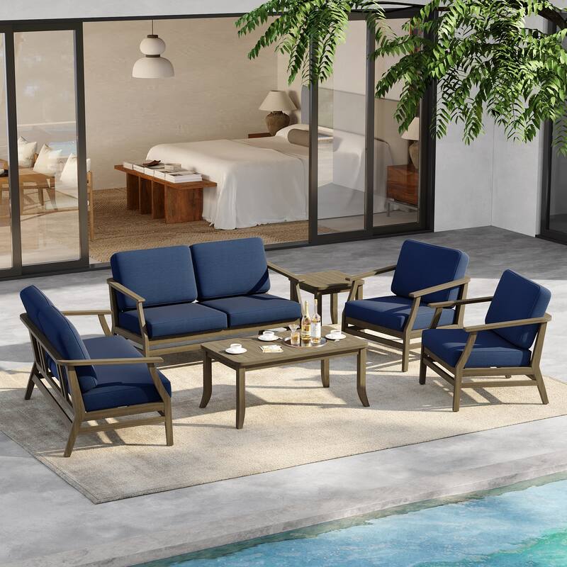 6-Seat Outdoor Teak Wood Patio Conversation Set with Cushions Tables - NaturalFrame-Navy