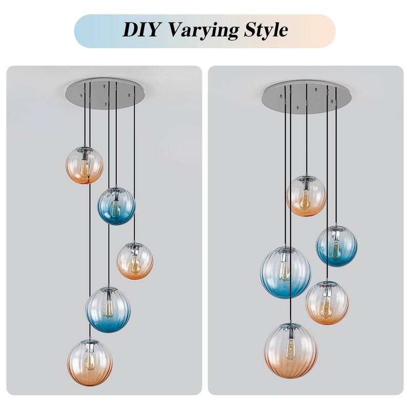 Modern 5-Light Cluster Glass Globe Pendant Light with Gradient Shades - Silver
